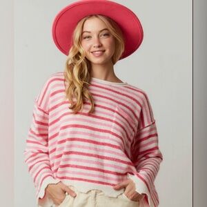 PEACH LOVE NWT Pink White Sparkle Stripe Oversized Sweater Size Large